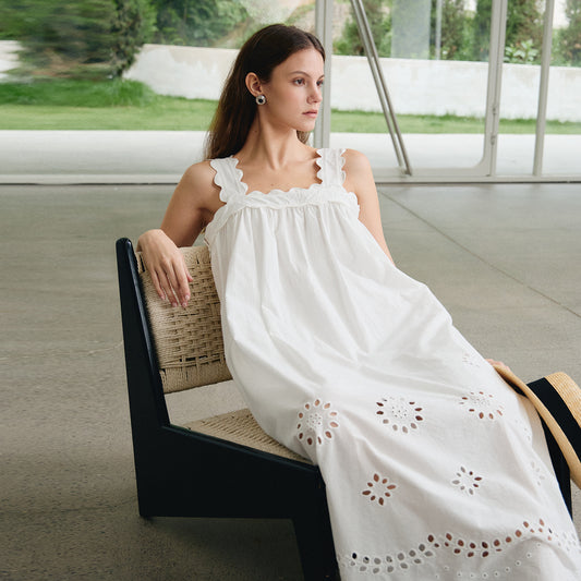 Hollow - Out Embroidered Dress, Fresh & Sweet Sleeveless Long Dress, Vacation - Style White Sundress