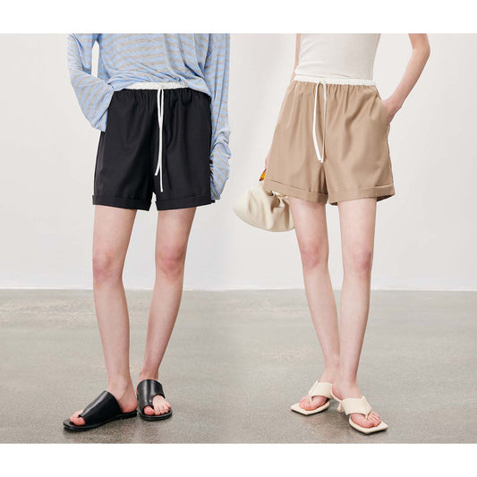Drawstring Cuffed Casual Shorts,Minimalist Versatile Loose Wide - Leg Hot Pants