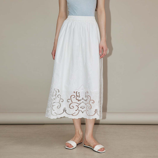 Embroidered Midi Skirt,High - Waist Hollow - Out Embroidered Skirt, Breathable Pure Cotton Fairy Skirt