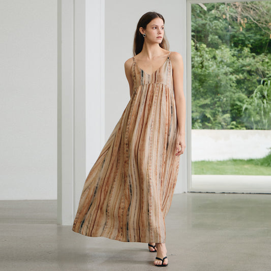 Bohemian Striped Slip Maxi Dress,Loose Vacation - Style Printed Dress