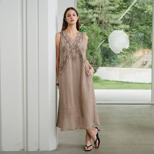 Breathable Retro Ethnic - Style Sleeveless Midi Dress