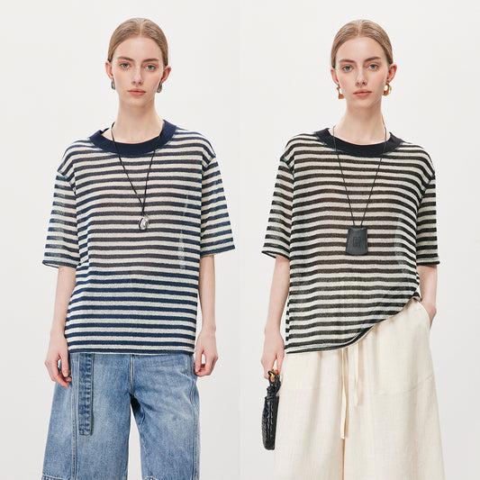 Contrast - Collar Striped Sheer Short - Sleeve,Casual Versatile Loose T - Shirt