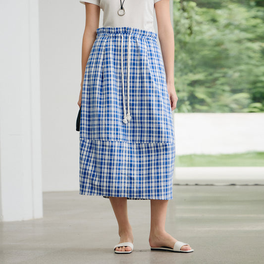 High - Waist Midi Skirt,Loose Artistic Drawstring Mid - Length Skirt