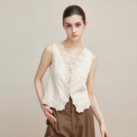 Beige Lace - Embroidered Sleeveless Vest,Retro Artistic Gilet
