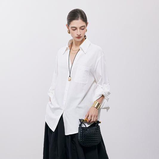 Loose Lazy - Style White Shirt,Pure Linen Breathable Casual Long - Sleeve Top