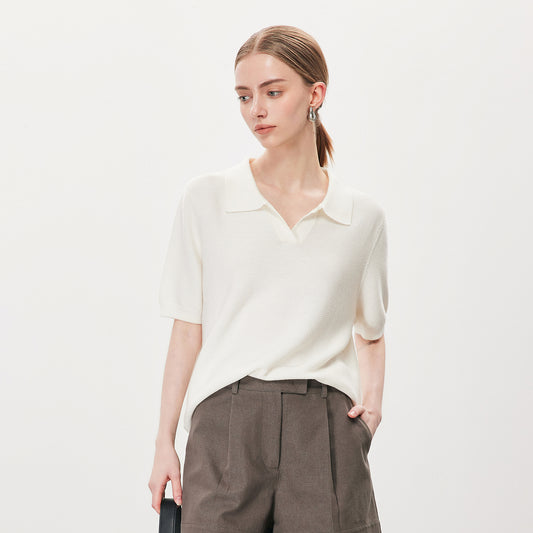 Minimalist Polo - Collar Short - Sleeve Top,Office Versatile Casual Knitwear