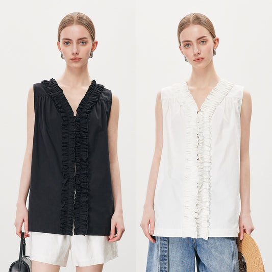 Ruffled Sleeveless Pure Cotton Top,Fresh Minimalist Versatile Vest
