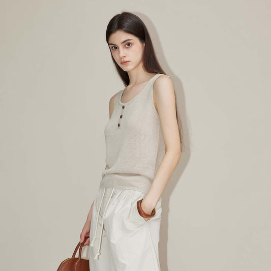 Sleeveless Button - Detail Knit Tank Top,Minimalist Solid Color Inner & Outer Vest, Casual Basic Top