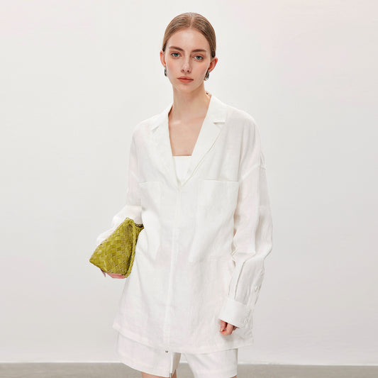 Suit - Collar Linen Set,Casual Loose Shirt & Shorts Two - Piece