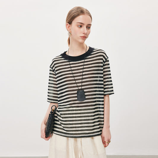 Contrast - Collar Striped Sheer Short - Sleeve,Casual Versatile Loose T - Shirt