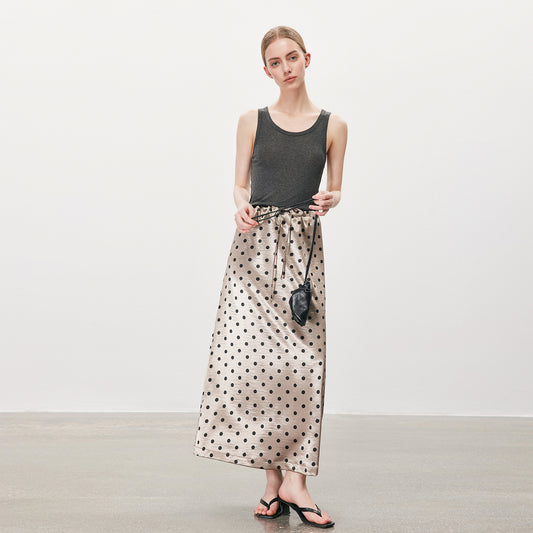Polka Dot Drawstring High - Waist Midi Skirt,Retro Versatile Satin - Finish Draped Long Skirt