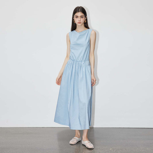 Lyocell Sleeveless Waist - Gathered Dress, Minimalist Flowy Midi Dress, Breathable Tencel Elegant Dress