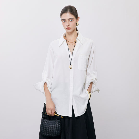 Loose Lazy - Style White Shirt,Pure Linen Breathable Casual Long - Sleeve Top