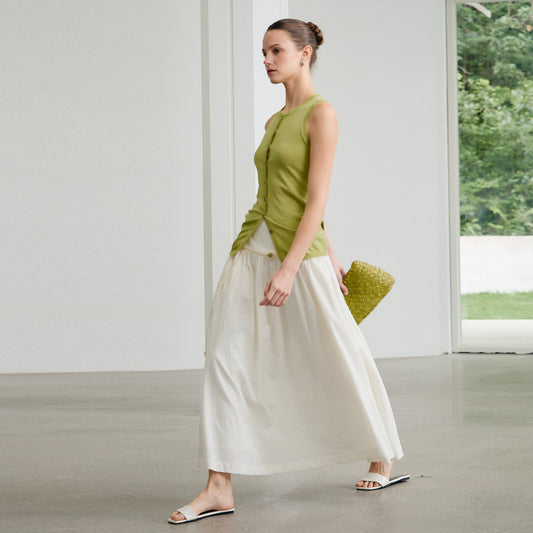 Artistic High - Waist White Midi Skirt,Loose Draped Belted A - Line Long Skirt