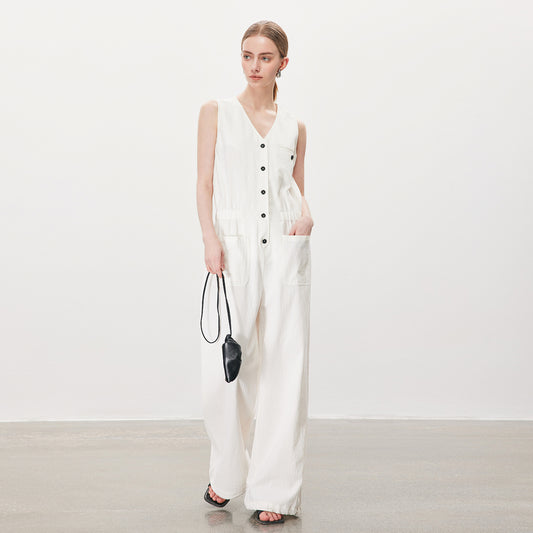Sleeveless Button - Detailed Cotton Jumpsuit,Minimalist Loose Onesie