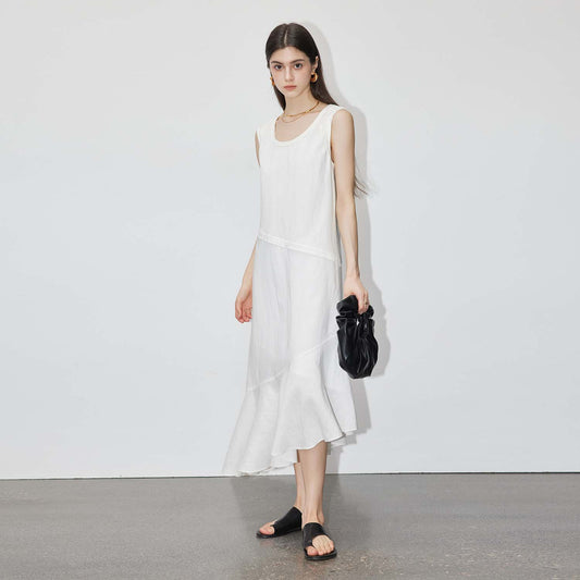 Irregular Hem Loose Midi Dress, Minimalist Natural Material A - Line Dress
