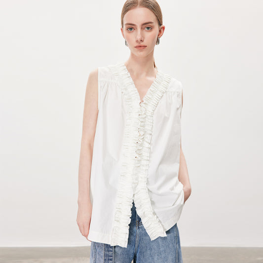 Ruffled Sleeveless Pure Cotton Top,Fresh Minimalist Versatile Vest