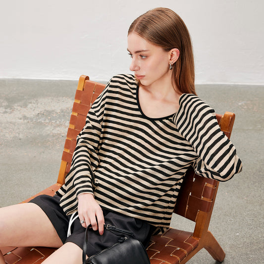 Striped Loose Long - Sleeve Top,Casual Minimalist Versatile Thin T - Shirt