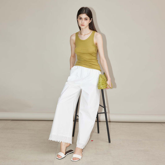 Embroidered Lace High - Waist Casual Trousers, Breathable Pure Cotton Straight - Leg Pants