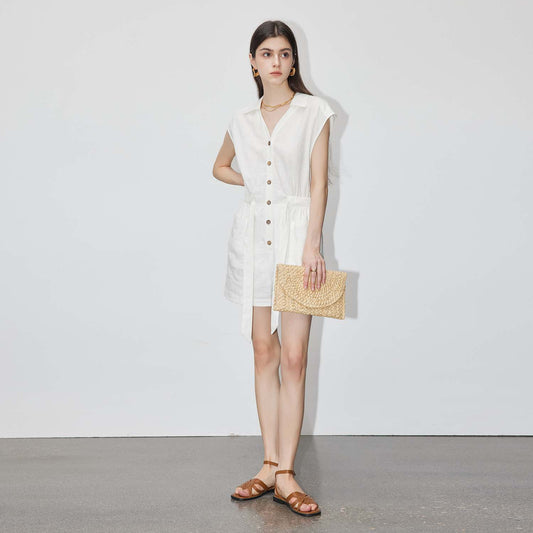 Breathable Casual Utility - Style Romper, Minimalist Collared Tie - Waist Onesie