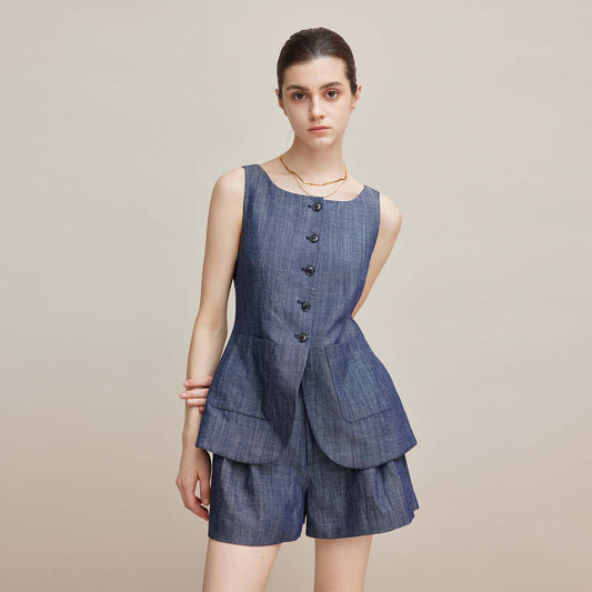 Sleeveless Waist - Cinching Office Three - Piece Set,Fashion Wide - Leg Pants, Shorts & Vest Outfit