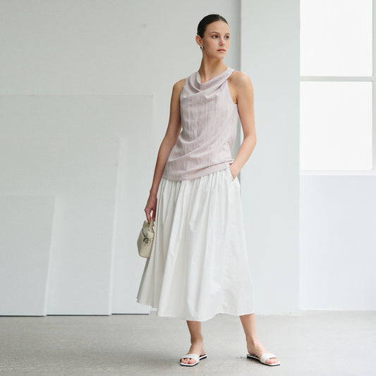 Pure Cotton White Midi Skirt, Loose & Flowy A - Line Skirt , Minimalist Casual Versatile Umbrella Skirt