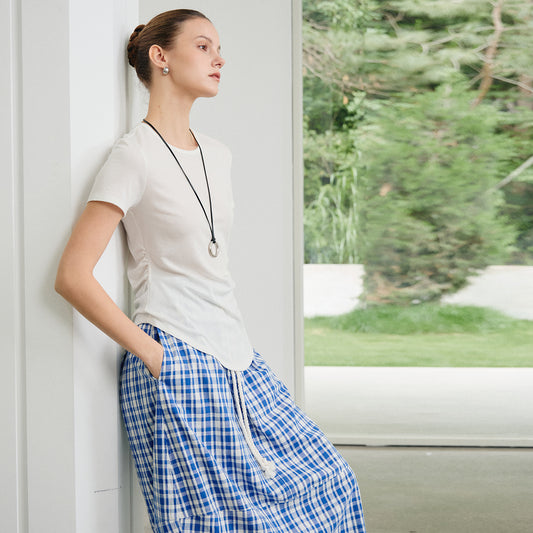 High - Waist Midi Skirt,Loose Artistic Drawstring Mid - Length Skirt
