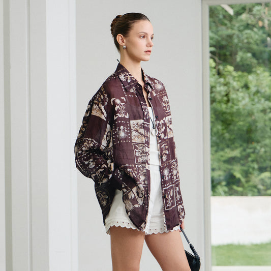 Retro Printed Ramie Shirt,Loose Lazy - Style Sunscreen Thin Shirt