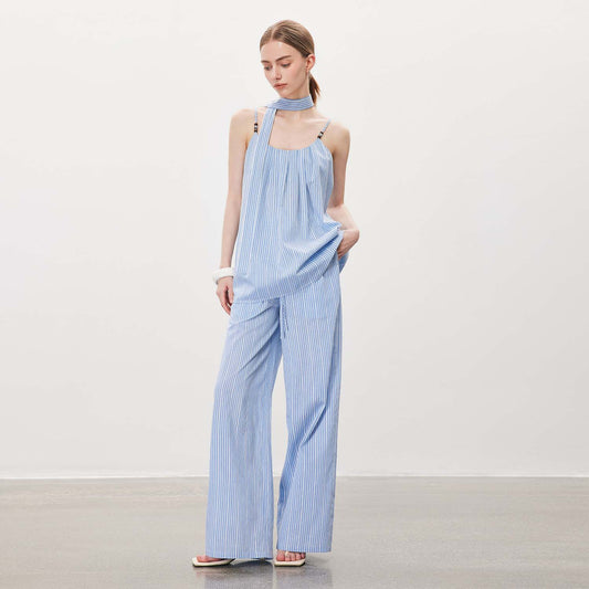 Striped Halter Jumpsuit,Fashion Loose Wide - Leg Onesie