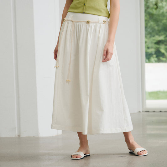 Artistic High - Waist White Midi Skirt,Loose Draped Belted A - Line Long Skirt