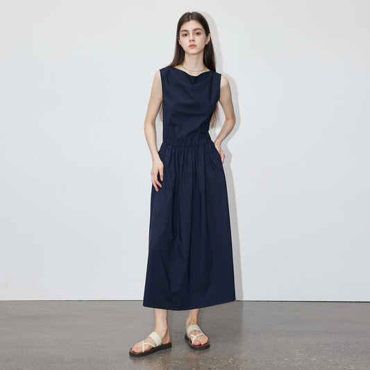 Lyocell Sleeveless Waist - Gathered Dress, Minimalist Flowy Midi Dress, Breathable Tencel Elegant Dress
