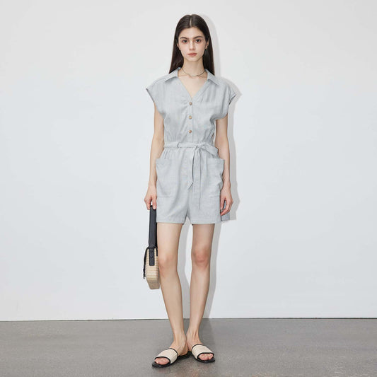 Breathable Casual Utility - Style Romper, Minimalist Collared Tie - Waist Onesie