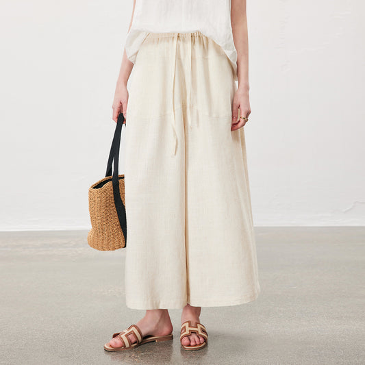 Drawstring High - Waist Wide - Leg Pants,Minimalist Versatile Casual Linen - Style Cropped Trousers