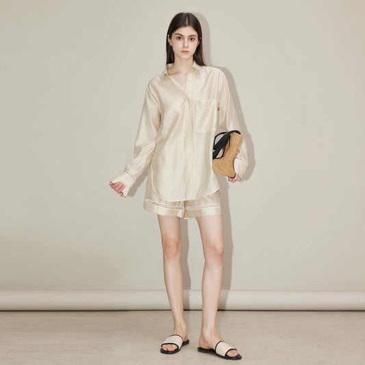 Loose Shirt & Shorts Set,Casual Thin Outerwear Two - Piece, Breathable Minimalist Office Ensemble