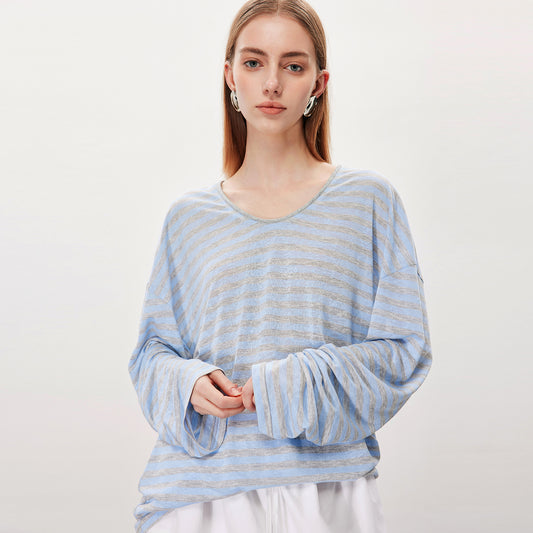 Striped Loose Long - Sleeve Top,Casual Minimalist Versatile Thin T - Shirt