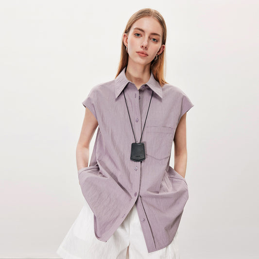 Sleeveless Collared Shirt,Minimalist Loose Versatile Top