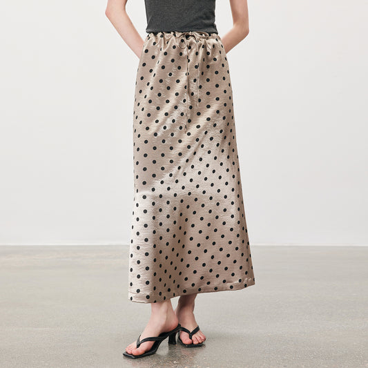 Polka Dot Drawstring High - Waist Midi Skirt,Retro Versatile Satin - Finish Draped Long Skirt