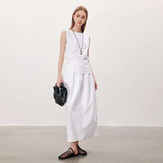 Sleeveless Waist - Cinching White Dress,Minimalist Elegant Midi Workwear Dress
