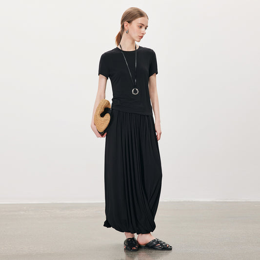 Minimalist Solid Short - Sleeve & Draped Wide - Leg Pants Set,Casual Versatile Fashion Two - Piece Outfit