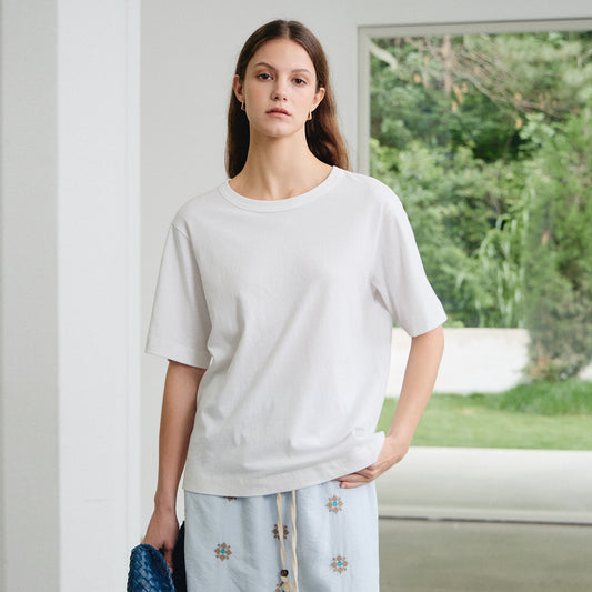 Pure Cotton Short - Sleeve T - Shirt, Loose Basic Crew - Neck Top