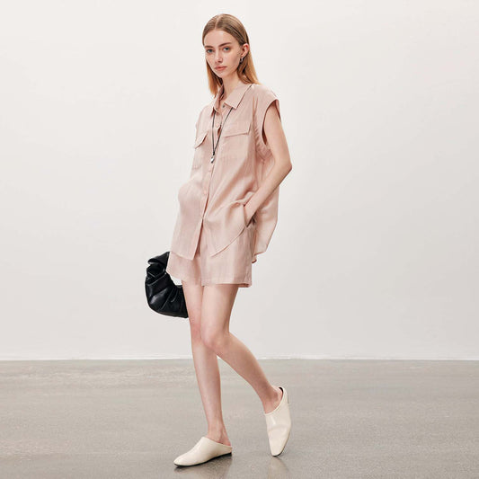 Sleeveless Shirt & Shorts Set,Casual Minimalist Loose Office Two - Piece