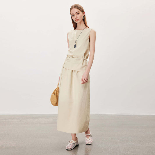 Sleeveless Waist - Cinching White Dress,Minimalist Elegant Midi Workwear Dress