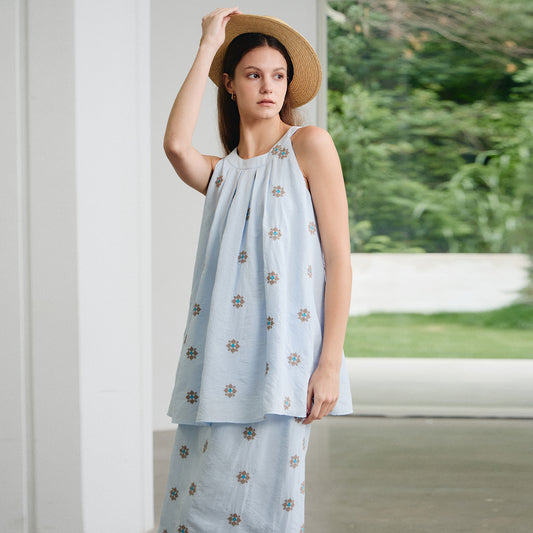 Printed Sleeveless Set, Breathable Casual Retro Embroidered Two - Piece