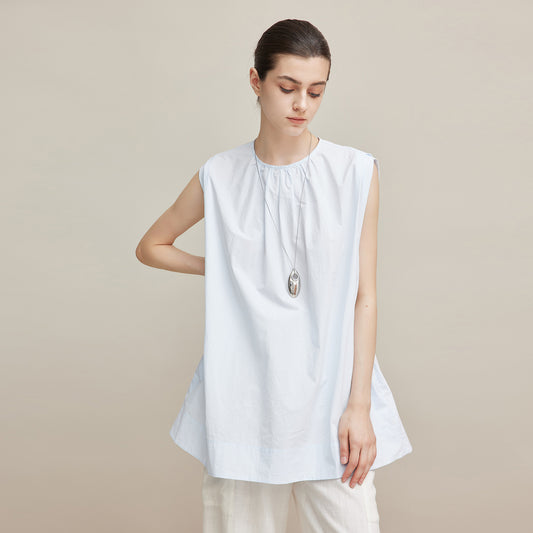 Sleeveless Backless Ruched Pure Cotton Top,Minimalist Loose Solid Color Versatile Vest Shirt