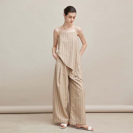 Striped Strapless Asymmetric Jumpsuit,Casual Loose Fashion Set