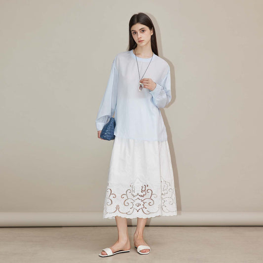 Embroidered Midi Skirt,High - Waist Hollow - Out Embroidered Skirt, Breathable Pure Cotton Fairy Skirt