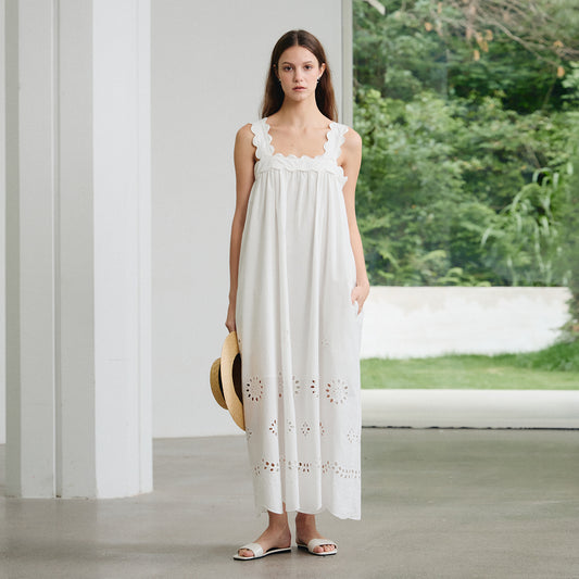 Hollow - Out Embroidered Dress, Fresh & Sweet Sleeveless Long Dress, Vacation - Style White Sundress