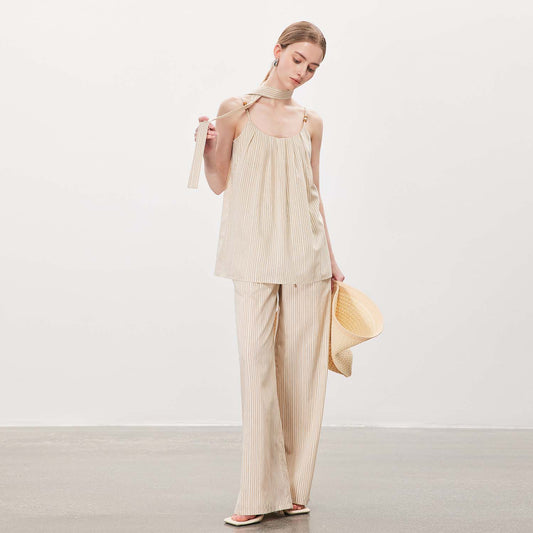 Striped Halter Jumpsuit,Fashion Loose Wide - Leg Onesie