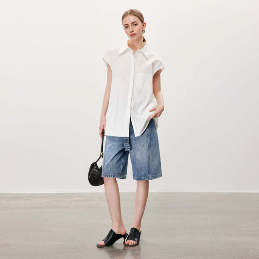 High - Waist Denim Knee - Length Shorts,Retro Loose Straight - Leg Mid - Length Pants