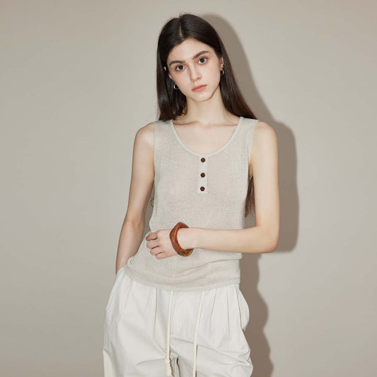 Sleeveless Button - Detail Knit Tank Top,Minimalist Solid Color Inner & Outer Vest, Casual Basic Top